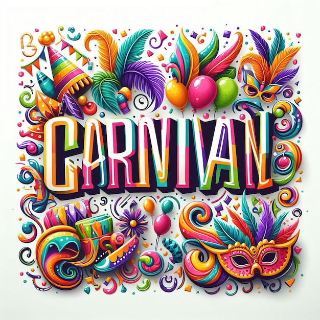 Foto ilustração de renderização 3d letras coloridas para o carnaval com elementos de festa decorados em branco