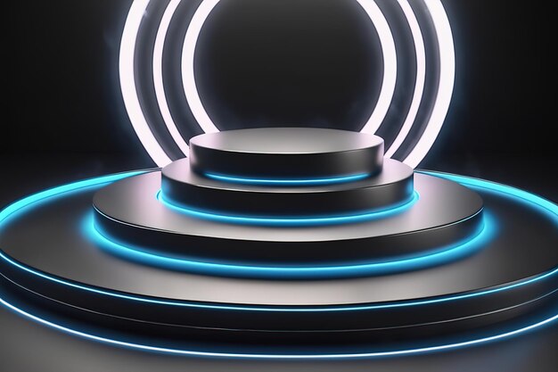 Ilustração de renderização 3D moderna plataforma futurista de palco de pódio com iluminação neon e fundo preto para tecnologia de negócios de produtos premium gerada