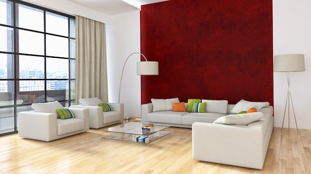 Ilustração de renderização 3D moderna sala de interiores brilhantes