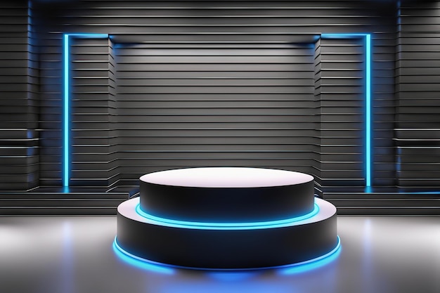 Ilustração de renderização 3D palco de exibição de pódio futurista abstrato com luz neon gerada por IA