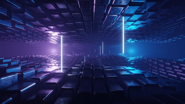 ilustração de renderização 3D Túnel abstrato entre dois planos de flexão de ondas feitos de blocos cúbicos reflexivos em azul neon