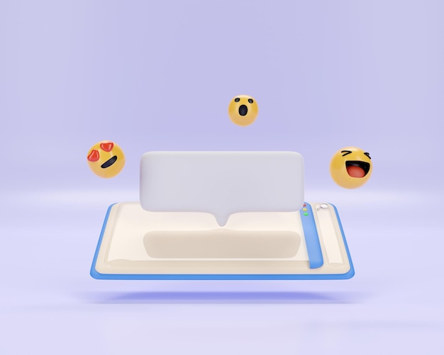 ilustração de renderização 3D Um smartphone com um ícone de notificação emoji de teclado de bate-papo no fundo azul lateral
