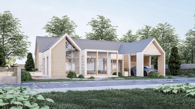 Ilustração de renderização arquitetônica em 3D da casa mínima moderna com garagem e cenário natural nas costas