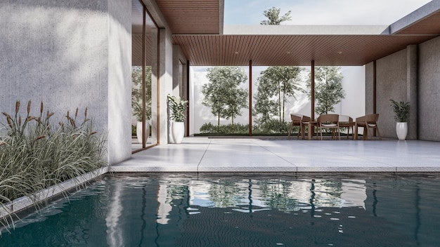 Ilustração de renderização de arquitetura 3D de casa moderna minimalista com paisagem natural