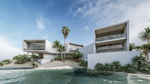 Ilustração de renderização de arquitetura 3d de casa moderna minimalista com paisagem natural