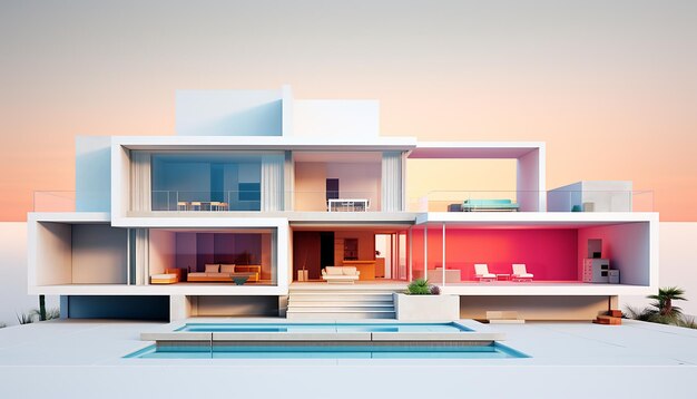 Ilustração de renderização de arquitetura 3D de uma casa minimalista moderna em fundo branco