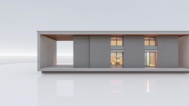 Ilustração de renderização em 3D da casa mínima moderna em fundo branco e brilho leve no chão