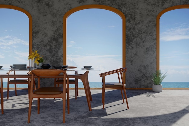 Ilustração de renderização em 3D da moderna sala de jantar posta na mesa com vista para o mar decorar a sala com o interior de madeira aconchegante estilo loft mar azul e céu com luz solar jantar de luxo tempo para a família