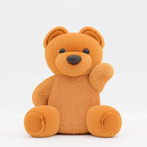 Ilustração de renderização em 3D de um urso de brinquedo marrom fofo com a mão acenando no fundo branco