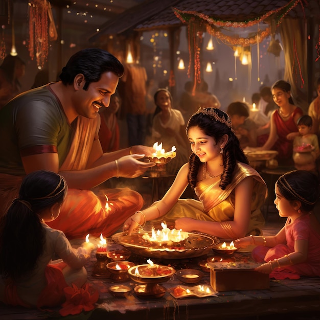 ilustração de representações alegres das celebrações de Diwali