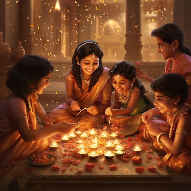 ilustração de representações alegres das celebrações de Diwali