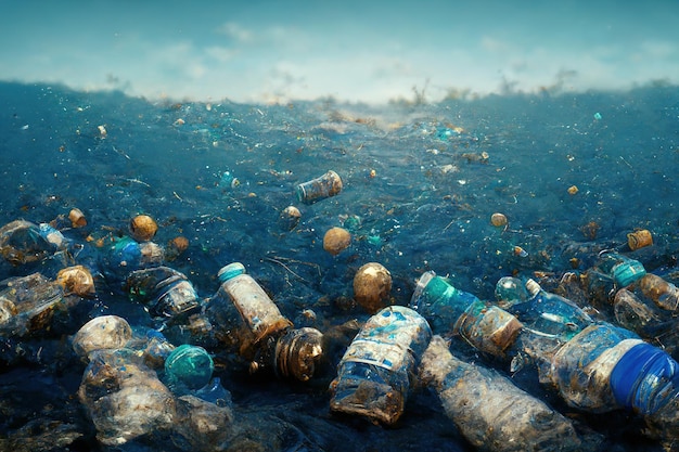Ilustração de resíduos de garrafas de plástico flutuando na água do mar