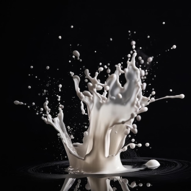 Foto ilustração de respingo de leite branco isolado em fundo preto