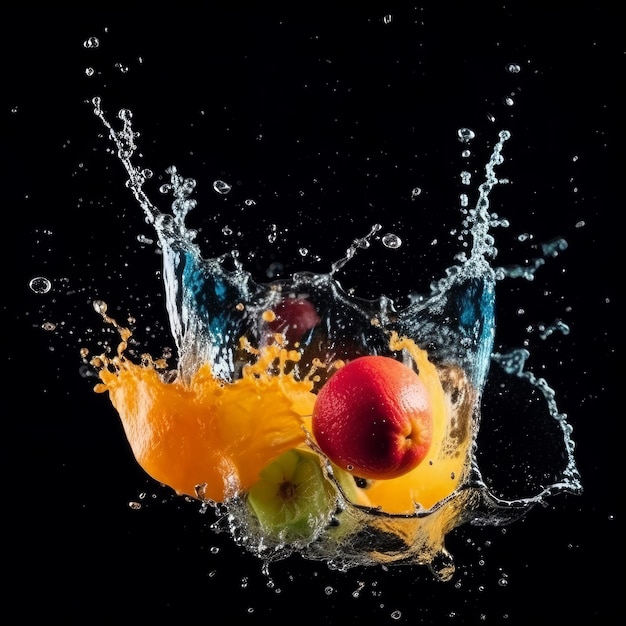 Foto ilustração de respingo de suco de frutas isoladas em fundo preto