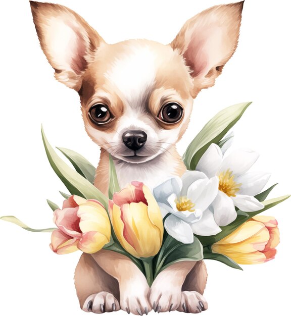 Ilustração de retrato de um chihuahua bonito com flores