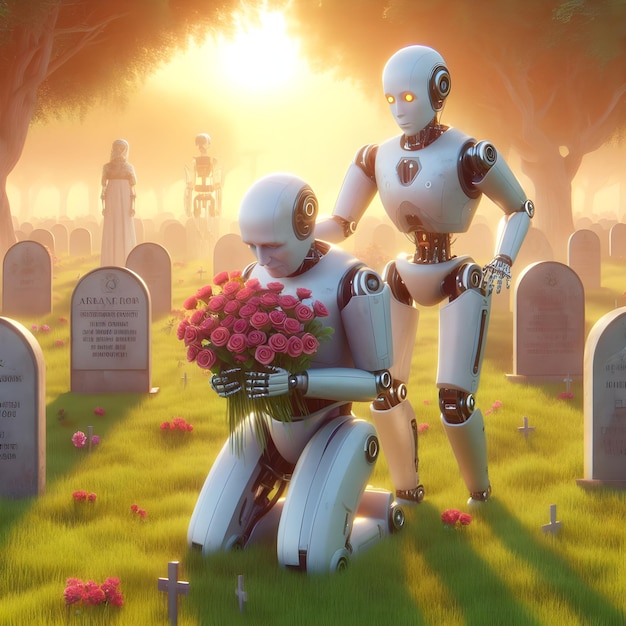 Foto ilustração de robôs humanoides colocando flores no cemitério símbolo e conceito de futuro