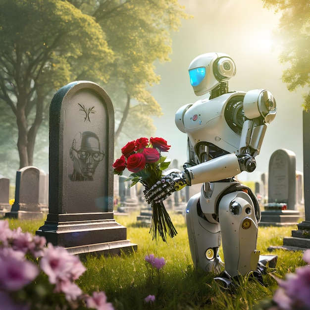 Foto ilustração de robôs humanoides colocando flores no cemitério símbolo e conceito de futuro