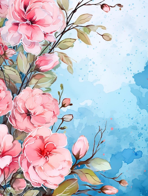 Ilustração de rosa inglesa vintage em fundo azul com padrão floral