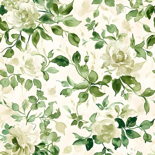 Ilustração de rosas aquarelas verdes com padrão sem costura