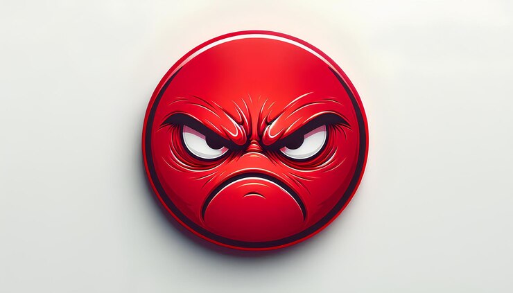 Foto ilustração de rosto de emoji bravo e intenso com cor vermelha escura e expressão agressiva com sobrancelhas arrugadas e boca franza em estilo de desenho animado