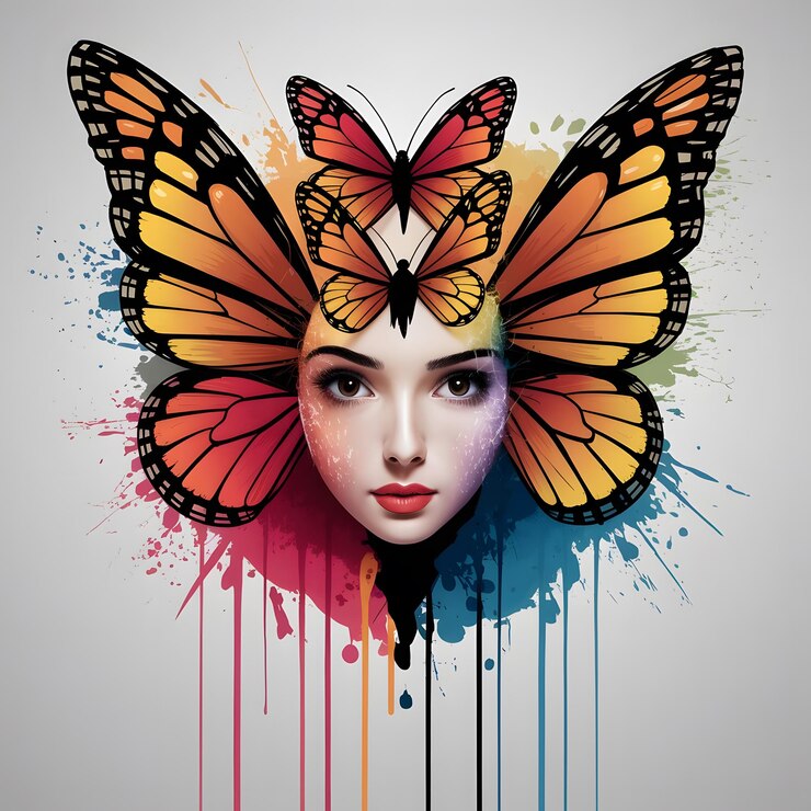 Foto ilustração de rosto de meninas abstratas feita de borboleta