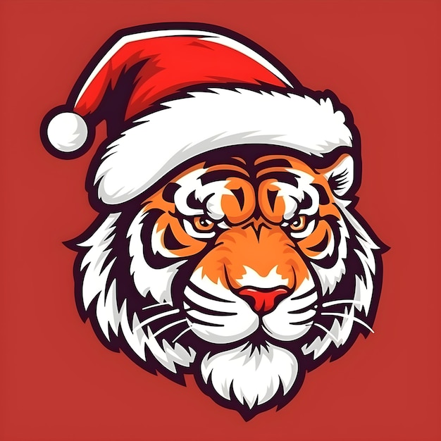 Ilustração de rosto de tigre com chapéu de Papai Noel vermelho