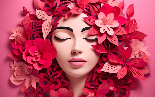 Ilustração de rosto e flores no estilo de papel cortado com espaço de cópia para o Dia Internacional da Mulher