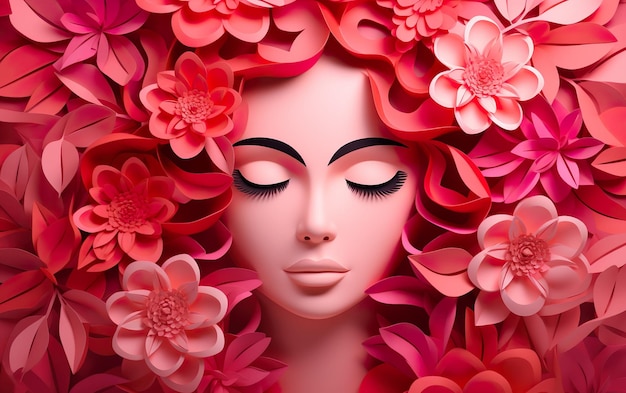 Ilustração de rosto e flores no estilo de papel cortado com espaço de cópia para o Dia Internacional da Mulher