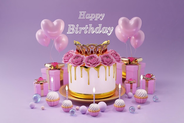Ilustração de saudação 3D com a inscrição Feliz Aniversário bolo festivo com uma coroa e botões de rosas