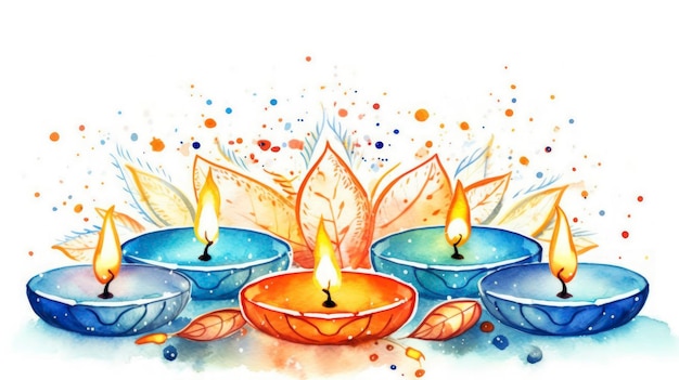 Ilustração de saudação de Diwali em aquarela limpa com diyas e fogos de artifício em fundo branco generativo AI