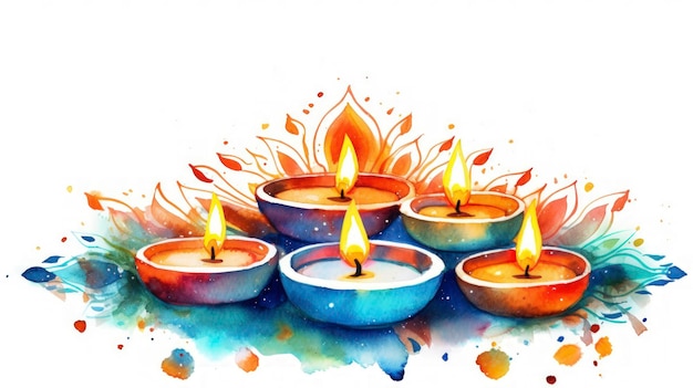 Ilustração de saudação Diwali em aquarela limpa com diyas e fogos de artifício em fundo branco perfeito para celebrações festivas Generative AI