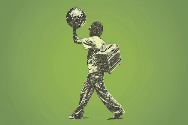 Foto ilustração de silhueta de dançarina retrô com boombox e bola de discoteca
