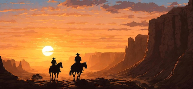 Foto ilustração de silhueta de dois cowboys montando cavalos através de um desfiladeiro com o pôr do sol no fundo