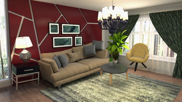 Ilustração de sofá pairando na sala de estar