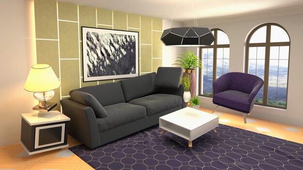 Ilustração de sofá pairando na sala de estar