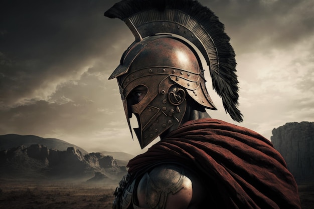 Ilustração de soldado espartano com capacete e campo de batalha em segundo plano Generative AI