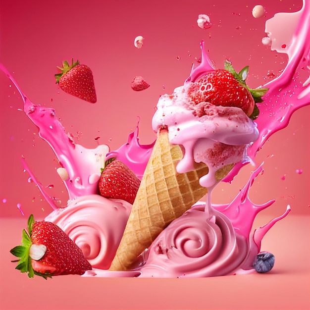Foto ilustração de sorvete com morango por cima