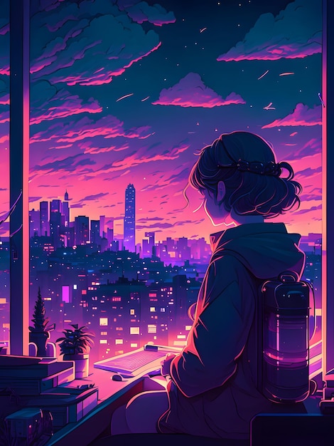 ilustração de synthwave de garota de anime