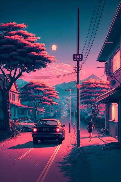 Ilustração de synthwave japonesa desenhada à mão