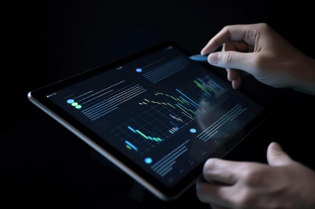 Ilustração de tablet com gráfico na tela conceito de análise de dados de mão humana Generative AI