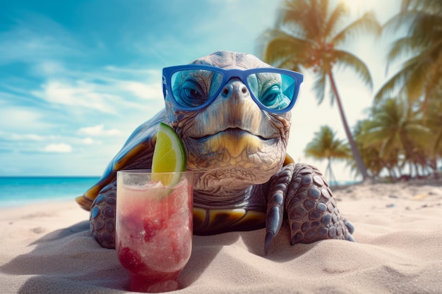 Ilustração de tartaruga feliz com óculos de sol com coquetel na praia Férias de verão Generativ AI
