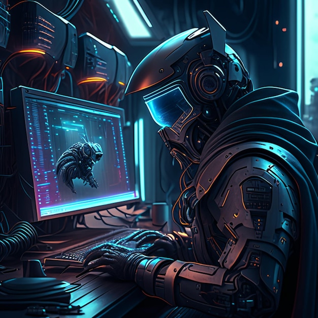 Ilustração de Techno Intrusion Robot Hacker quebrando as fronteiras digitais