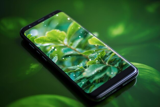 Foto ilustração de telefone celular com vegetação na tela fundo verde ia generativa