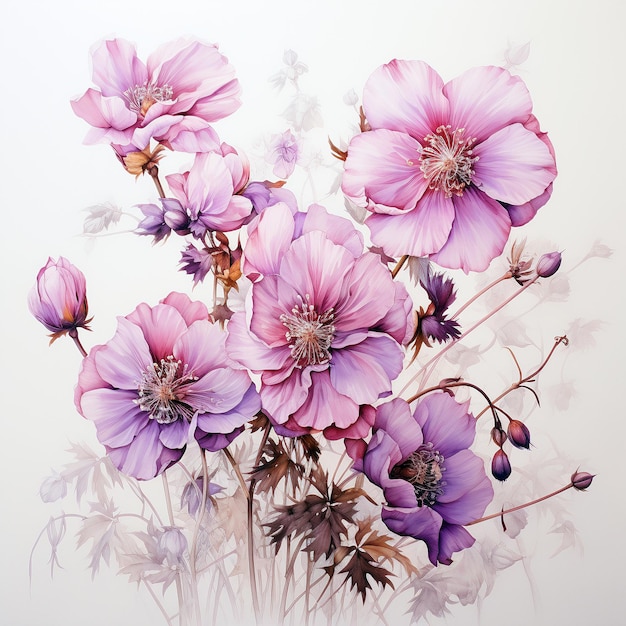 Ilustração de tons de rosa em aquarela de flores