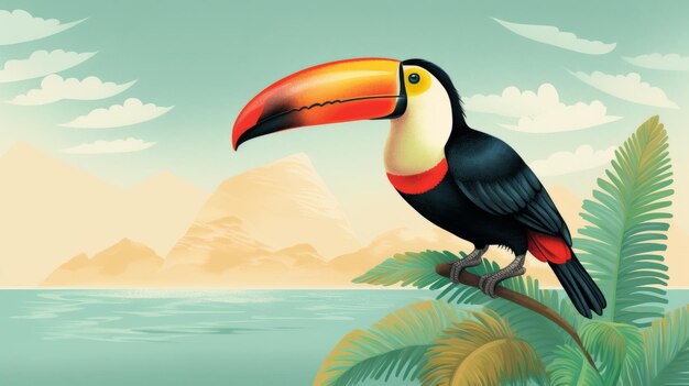 Ilustração de Toucan com paisagem rica em texturas e estilo inspirado em design gráfico