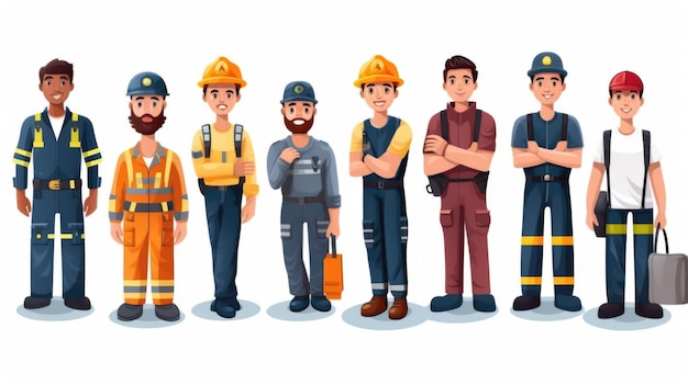 Ilustração de trabalhadores em diferentes uniformes e chapéus