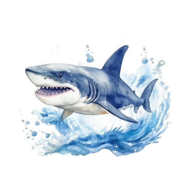 Ilustração de tubarão desenhada à mão em aquarela