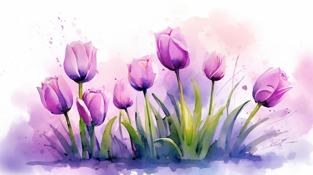 Ilustração de tulipas em aquarela violeta AI Generative Generative AI