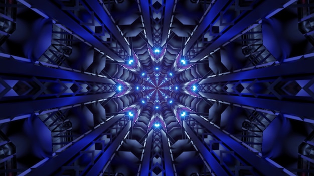 Ilustração de túnel caleidoscópico simétrico brilhando com luz de néon azul brilhante