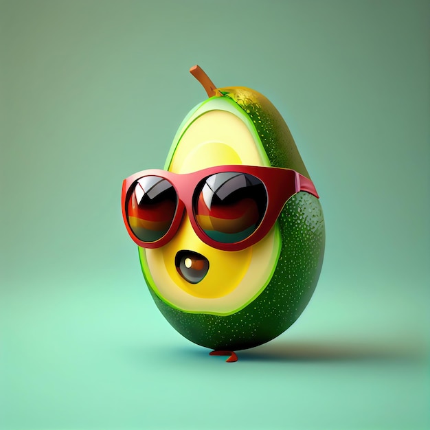 Ilustração de um abacate de desenho animado usando óculos escuros
